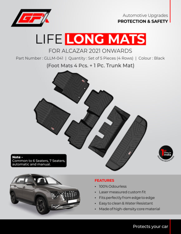 GFX Car Floor Mats Premium Life Long Foot Mats Compatible with Hyundai Alcazar (Black), TPV